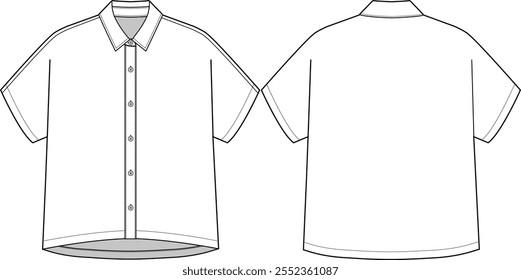 Camisa de mulher boxy, clássico botão-para baixo fechamento, ajuste mais solto, mangas curtas, esboço frente e trás