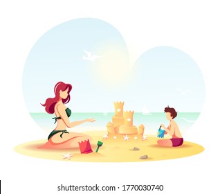 Woman and boy building a sand castle on the seashore. Isolated vector Illustration for Beach Holidays, Summer vacation, Leisure, Recreation, Nature, Happy family.