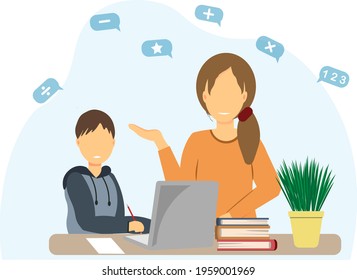 A woman and a boy looking at the lap top,  woman explains lessons to the boy, education at home concept, online education concept, flat vector illustration