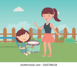 woman and boy playing drum in the grass, kids toys vector illustration
