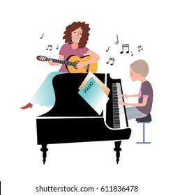 Woman and Boy Playing Music Vector