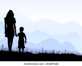 Woman and boy walking