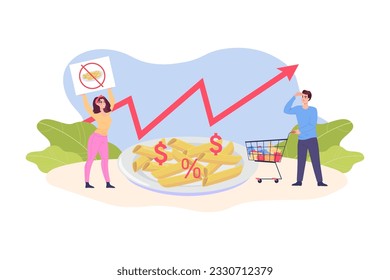 Woman boycotting pasta due to price increase vector illustration. Cartoon drawing of girl with sign, customer with shopping cart, huge plate of macaroni, growing cost. Inflation, food, strike concept