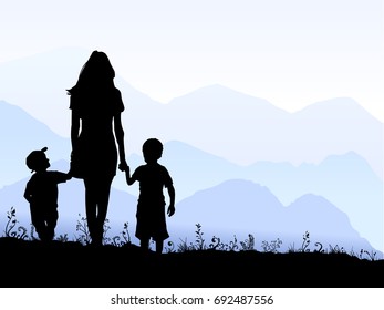 Woman and boys walking