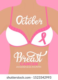 Woman in bra with pink ribbon. National Breast Cancer Awareness Month hand drawn lettering.