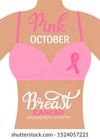 Woman in bra with pink ribbon. National Breast Cancer Awareness Month hand drawn lettering.