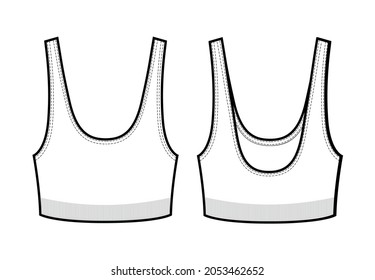 Woman bra top in vector graphic.
Slim fit crop top with crew neck and open back in rib fabric.Fashion isolated  illustration template.Scheme front and back views.