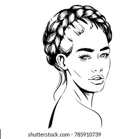 Woman with braid around head. Fashion illustration