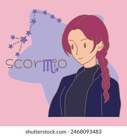 Woman with braid hair. Scorpio zodiac, astrological sign, constellation, word and star. Hand drawn flat cartoon character vector illustration.