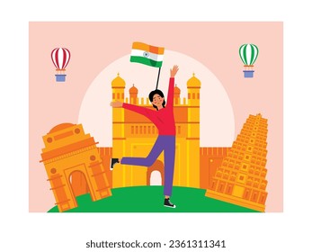 Woman with braided hair raises her hands with a happy face promoting places and buildings, business tourism visiting India. Character design. Vector flat illustration