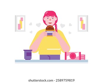 Woman braids hair eating sweet fun bites at home, having dessert. Design character. Vector flat illustration