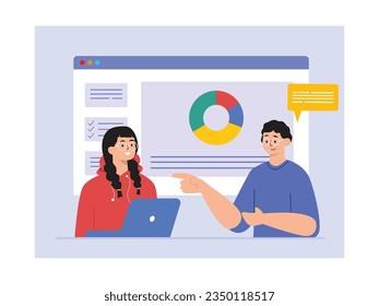 Mujer con trenzas con capucha roja y hombre con gafas sentada trabajando en el equipo de negocios del proyecto, discutiendo y analizando. Diseño de caracteres. Ilustración de datos del vector