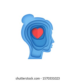Woman brain head with love hearts in paper cut style. St Valentine day modern vector card concept. Silhouette of papercut layered men with think of love in brain. Girl's head cardboard application