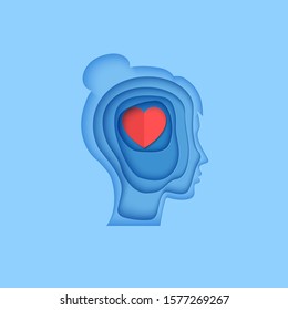 Woman brain head with love hearts in paper cut style. St Valentine day modern vector card concept. Silhouette of papercut layered men with think of love in brain. Girl's head cardboard application
