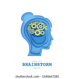 Woman brainstorm head in paper cut style. Silhouette of layered human with think gears in brain. Origami skull papercut profile with idea sign on the depth of layers cardboard. Creative vector concept