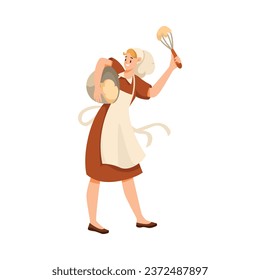 Woman Bread Baker in Uniform and Toque Whisk Dough Baking Pastry Vector Illustration