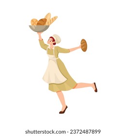 Woman Bread Baker in Uniform and Toque Carry Fresh Loaf and Pastry Vector Illustration