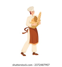 Woman Bread Baker in Uniform and Toque Carry Fresh Loaf and Pastry Vector Illustration