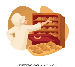 Woman Bread Baker in Uniform and Toque Baking Pastry Put Tray in Hot Oven Vector Illustration