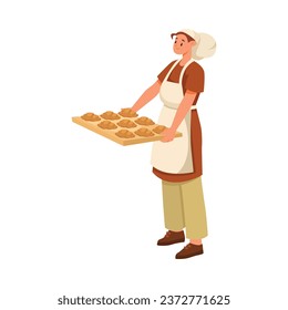 Woman Bread Baker in Uniform and Toque Standing with Croissant on Tray Vector Illustration