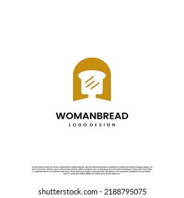 woman bread logo design on isolated background, woman head combine with slice bread logo concept