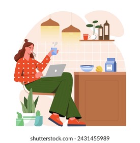 Mujer con desayuno. Chica joven con alimentación saludable sentada con el ordenador portátil en la cocina. Gachas de leche con cereales y té o café. Ilustración plana del vector de la historieta aislada sobre fondo blanco