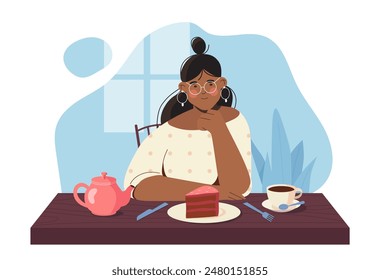 Mujer con desayuno. Muchacha joven sentada cerca del plato con la rebanada del pastel. Carácter con postre y delicadeza. Persona con té y pastel. Ilustración vectorial plana de dibujos animados aislada sobre fondo blanco