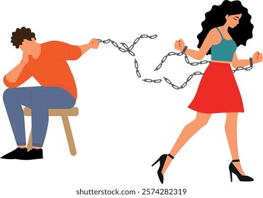 Woman breaking the chain, freeing herself from an abusive relationship, flat designer