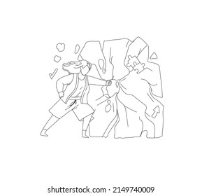 Woman breaking concrete block of problem outline vector. Girl breaking obstacle towards greater goal, crashing cement wall to overcome difficult illustration