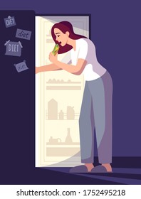 Woman breaking diet semi flat RGB color vector illustration. Girl eating snacks at night isolated cartoon character on blue background. Emotional eating. Appetite control, high calorie nutrition