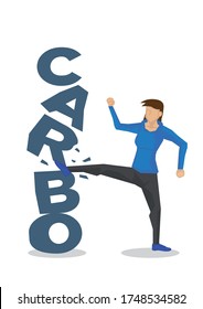 Woman breaking down Carbo for healthy diet. Concept of healthy lifestyle, diet, stop eating carbohydrates or lifestyle changes. Vector illustration.