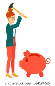 Woman breaking piggy bank.