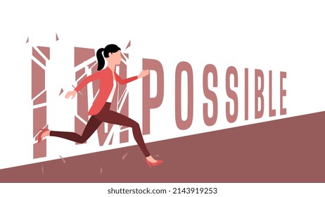 woman breaking the word Impossible. motivational character illustration, startup business character vector illustration.