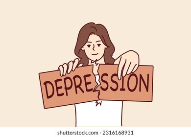 Woman breaks depression sign after overcoming psychological problems and mental disorder caused by stress. Girl who overcame depression with help of trips to psychotherapist or use of antidepressants