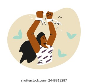 A woman breaks free from shackles, symbolizing empowerment. Vector illustration with minimalist design, subtle decorative leaves enhancing the theme of liberation.