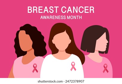 Woman breast cancer awareness month concept vector illustration. Females with pink ribbon logo on dress in flat design.