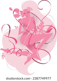 Woman Breast Cancer Poster Design. Stroke Pink Ribbon. October is Cancer Awareness Month Vector.	
