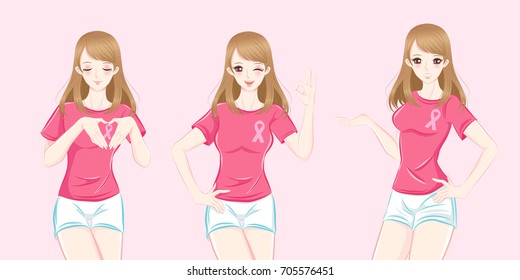 woman with breast cancer prevention on the pink background