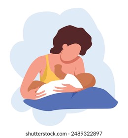 Mujer amamantando a un bebé. Madre lactante con niño alimentándose en almohada. Ilustración minimalista estilizada con colores planos.
