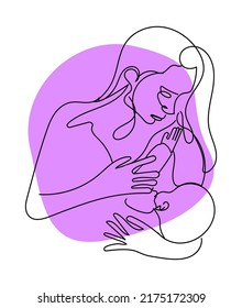 Woman is breastfeeding a baby, breastfeeding, world breastfeeding support Week August 1-7. Vector stylish, modern illustration, line style with abstract purple spots