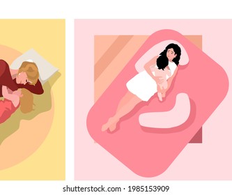 Woman breastfeeding her baby, set of vector illustrations. Mom's care. Mother looks at her son or daughter with tenderness. Cartoon picture. Picture is suitable for icons, for magazine. 