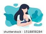 woman breastfeeding her newborn baby holding in hands around floral leaves. Lactation. Breast feeding week, happy mother day clip art. Child drinks milk from the female breast.  A children's room. 