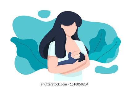 woman breastfeeding her newborn baby holding in hands around floral leaves. Lactation. Breast feeding week, happy mother day clip art. Child drinks milk from the female breast.  A children's room. 