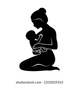 Woman breastfeeding newborn baby black silhouette icon vector. Nursing woman with baby graphic design element isolated on a white background. Kneeling mother holding her little child symbol vector