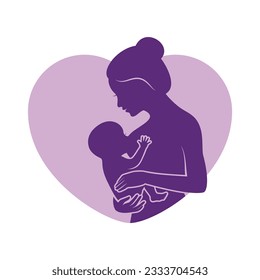 Woman breastfeeding newborn baby purple silhouette icon vector. Nursing woman with baby graphic design element isolated on a white background. Mother holding her little child symbol vector