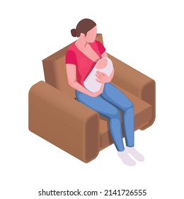 Woman breastfeeding newborn baby sitting in armchair 3d isometric vector illustration