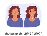 Woman breathing deeply demonstrates how to relieve stress by inhaling through nose and exhaling through mouth. Positive lady is trying to restore mental state using breathing exercises