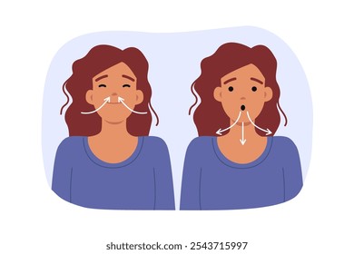 La mujer que respira profundamente demuestra cómo aliviar el estrés inhalando por la nariz y exhalando por la boca. La mujer positiva está tratando de restaurar el estado mental mediante ejercicios de respiración