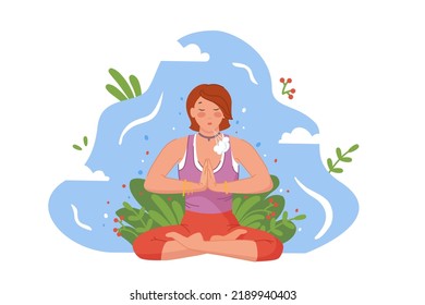 Woman breathing exercise. Abdominal breath exercise technique for yoga meditation, relaxation body and mind, face blow respiration deep exhale belly diaphragm, vector illustration of exercise yoga