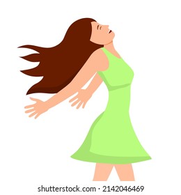 Woman breathing freedom happiness expression in flat design on white background.